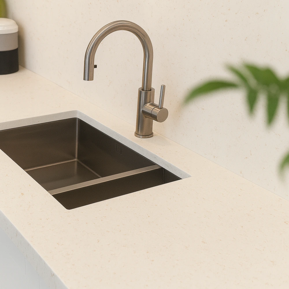 Undermount sink and brushed tap in a white quartz worktop